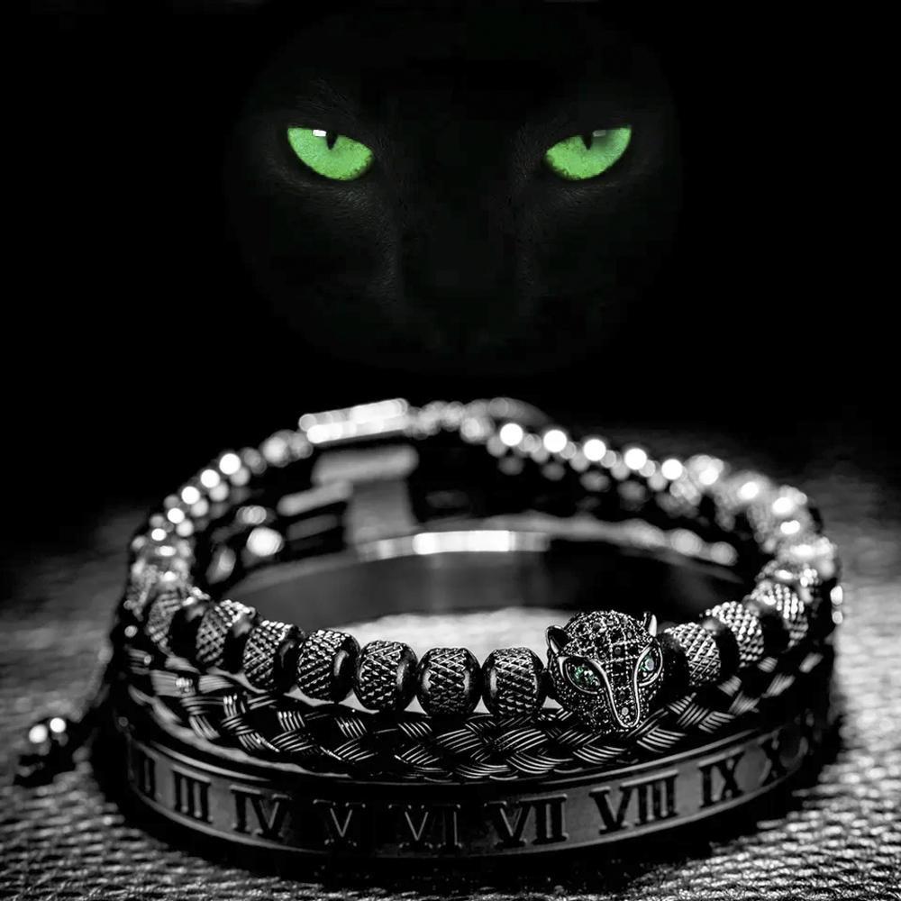 Miniatura Kit 3 Pulseiras Pantera Negra Aço Inoxidável Europeu Romano