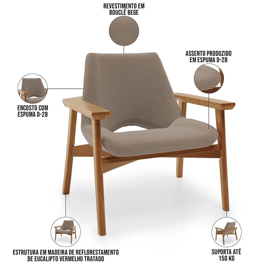 Poltrona Decorativa Para Sala De Estar Living Base Madeira Becker L02 Bouclê Bege - Lyam Decor
