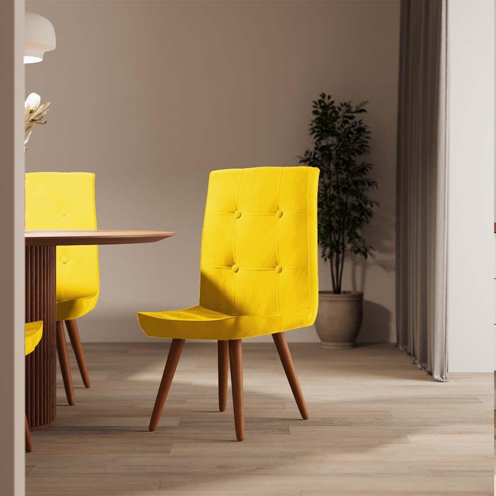 Miniatura Kit 07 Cadeira De Jantar Drop Com Botão Base Pé Palito Castanho Suede Amarelo - Amey Decor