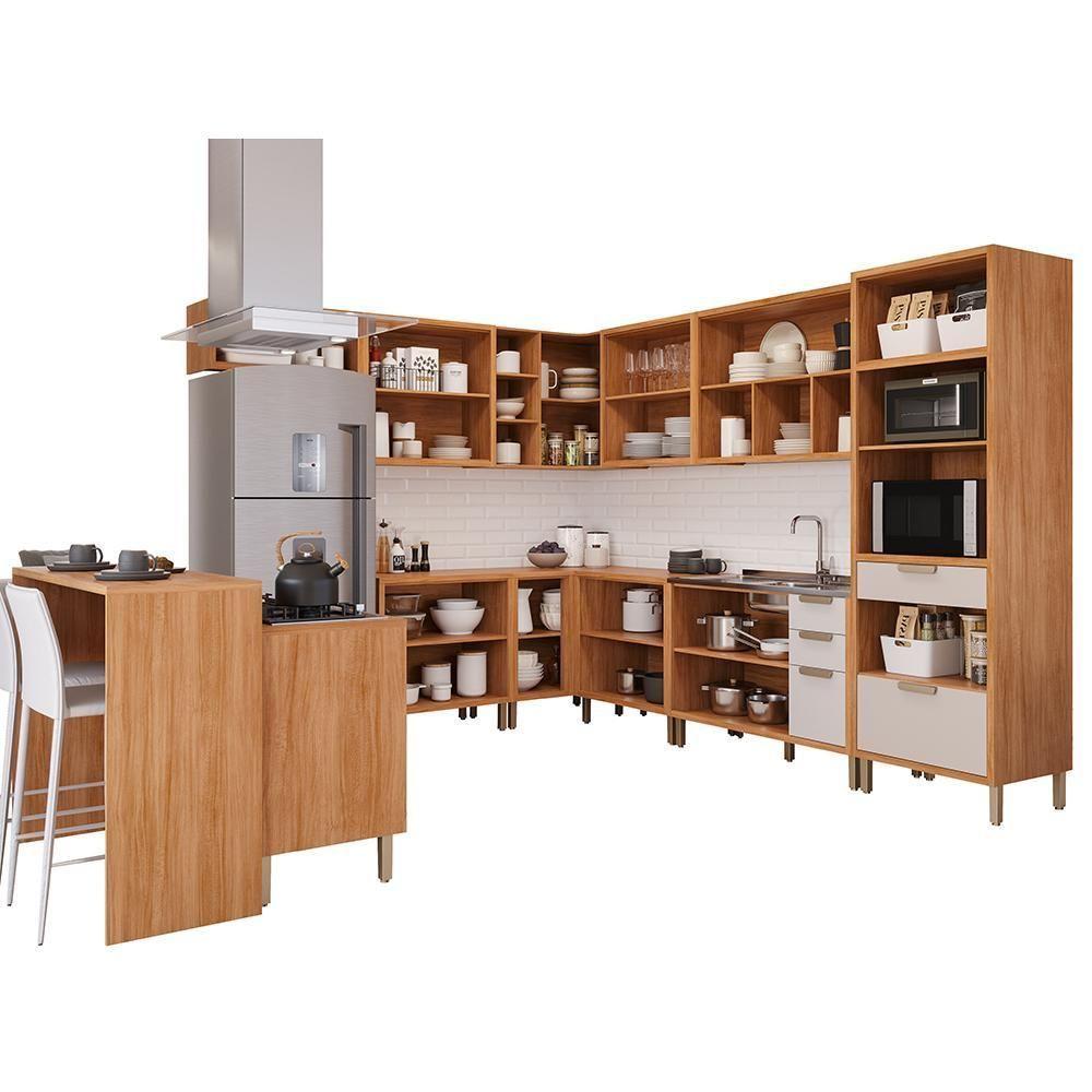 Miniatura Cozinha De Canto Modulada Estela 12 Peças Cinamomo-off White Com Ilha Gourmet - Mgm Cinamomo-off White