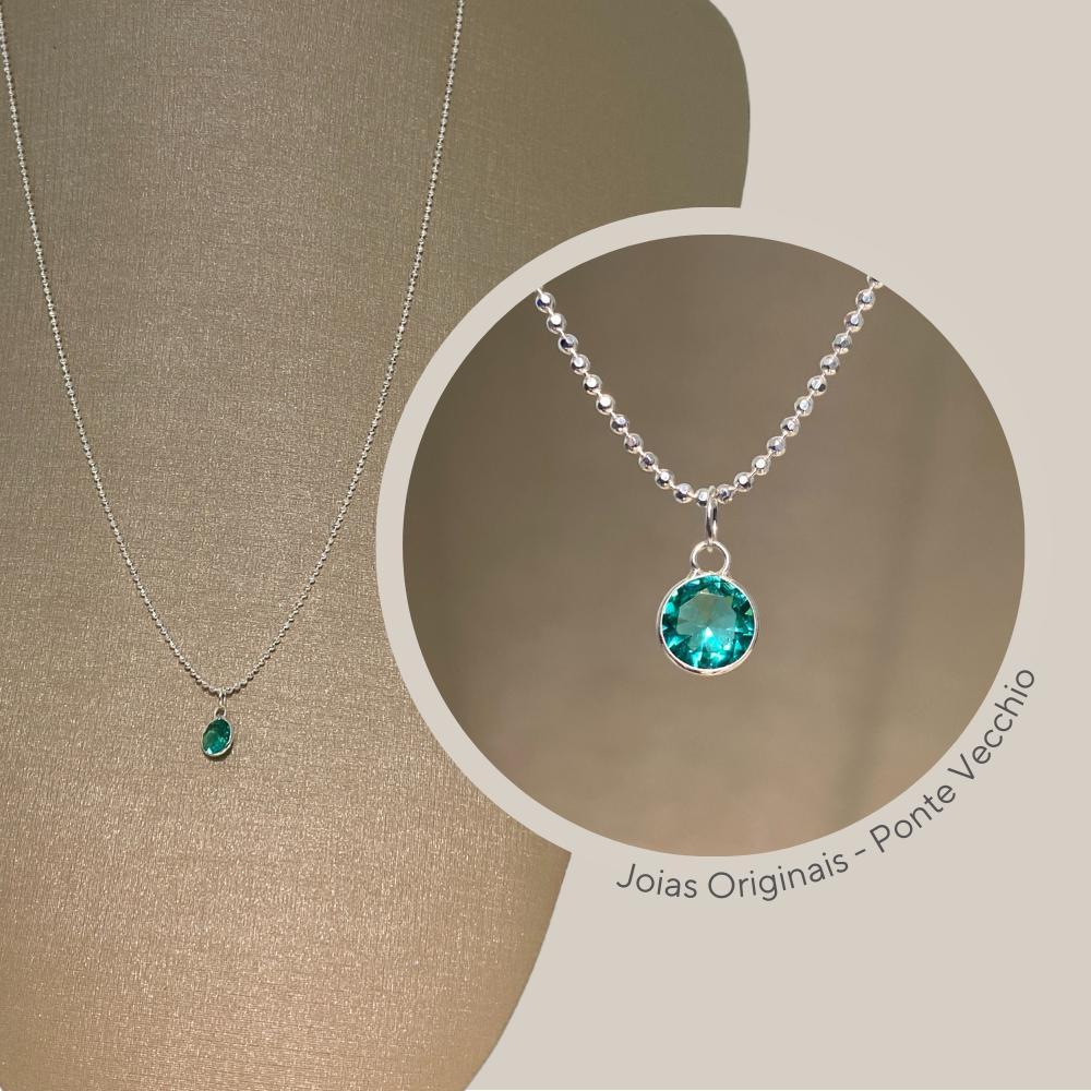 Miniatura Colar Diamantado Prata 925 Zircônia Cor Esmeralda P. Vecchio