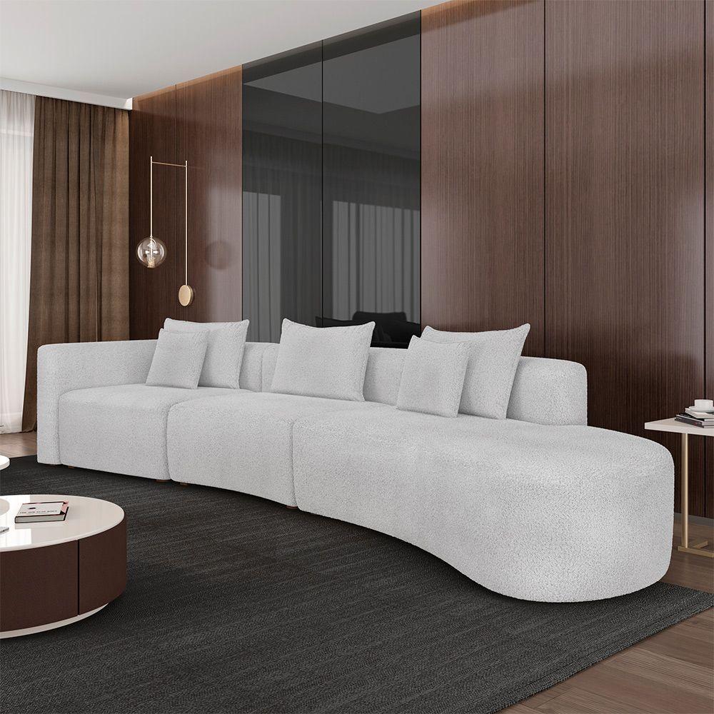 Sofá Curvo Decorativo Kimiko 447cm 5 Lugares Sala De Estar Com Chaise Bouclê Branco G52 - Gran Belo