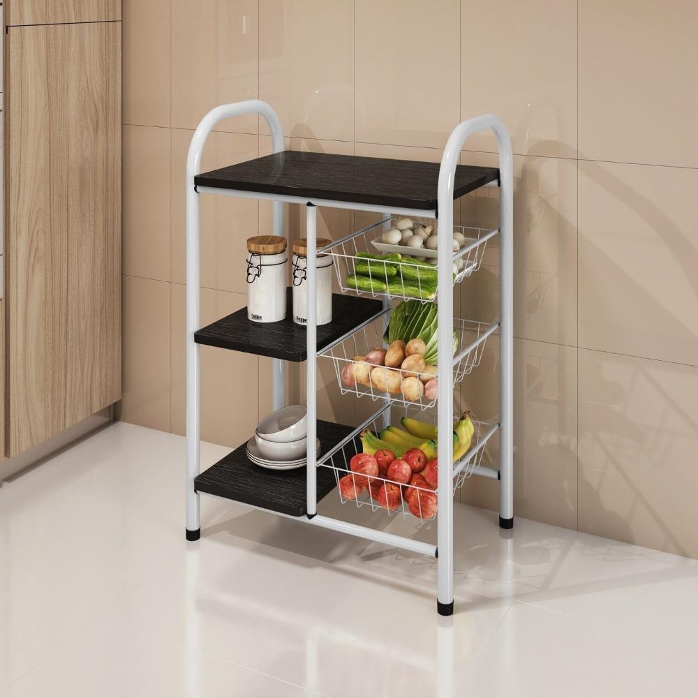 Miniatura Fruteira para Cozinha Giovana Fruteira em Aço com 3 Cesto Branco/Preto