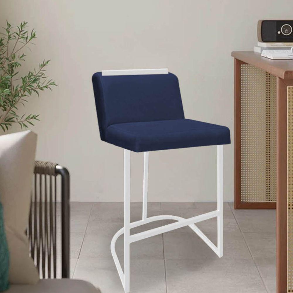 Miniatura Banqueta Com Encosto Confort Bistrô Cozinha Ferro Branco Sintético Azul Marinho Amey Decor