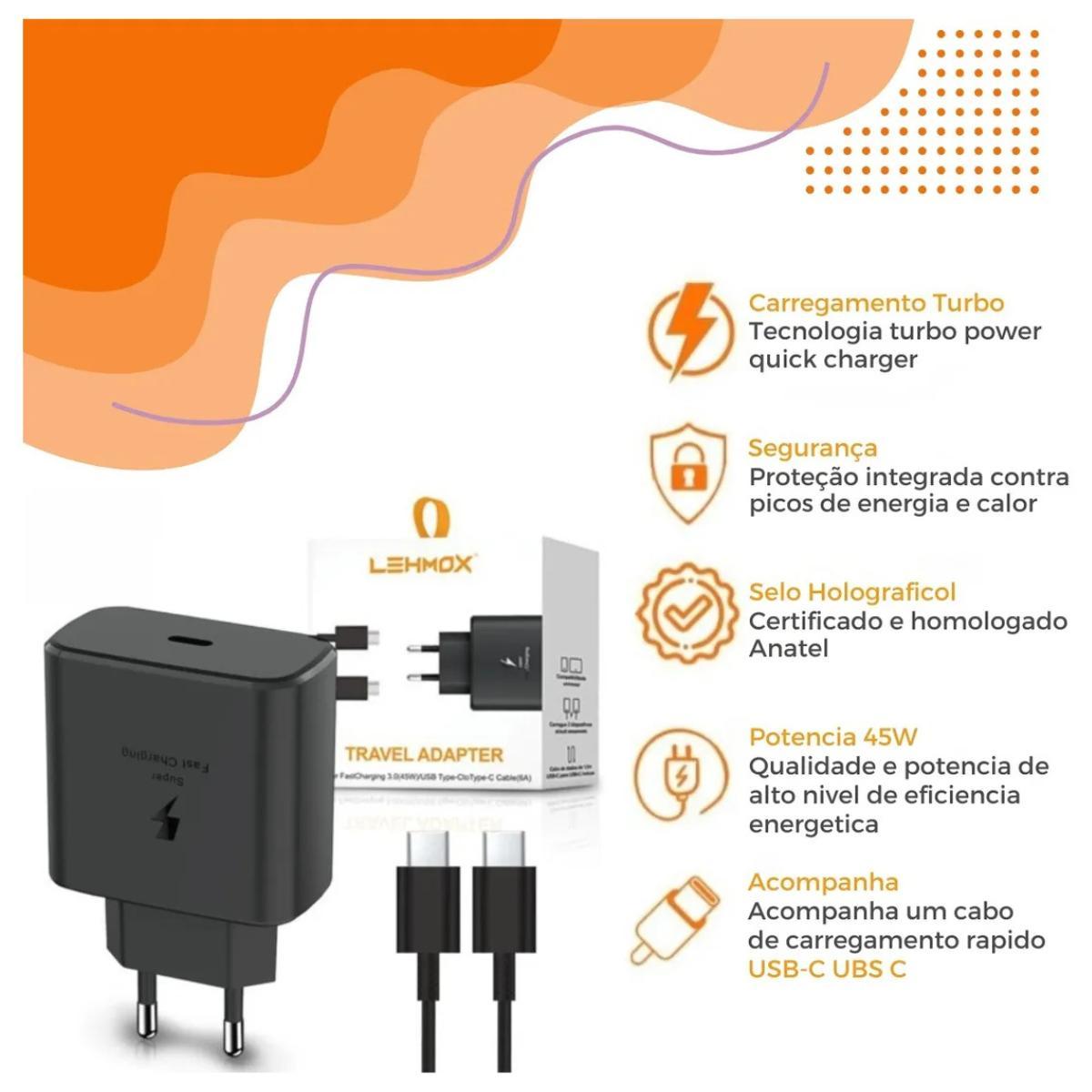 Miniatura Carregador Celular Usb-C Turbo Preto Carregamento Rápido