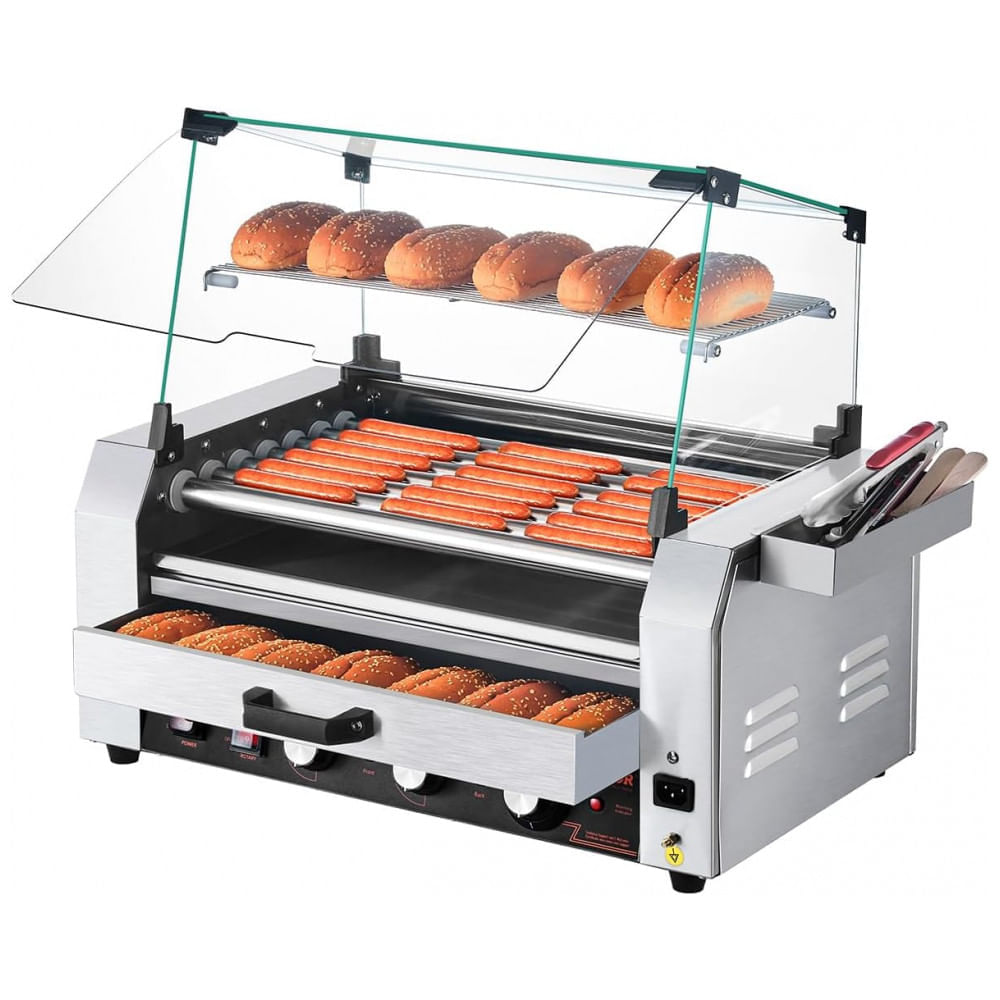 Miniatura Máquina de Cachorro-Quente VEVOR, 18 Hot Dogs em 7 Rolos, Grill de Salsichas em Aço Inoxidável, 1200W com Aquecedor de Pães, Tampa,