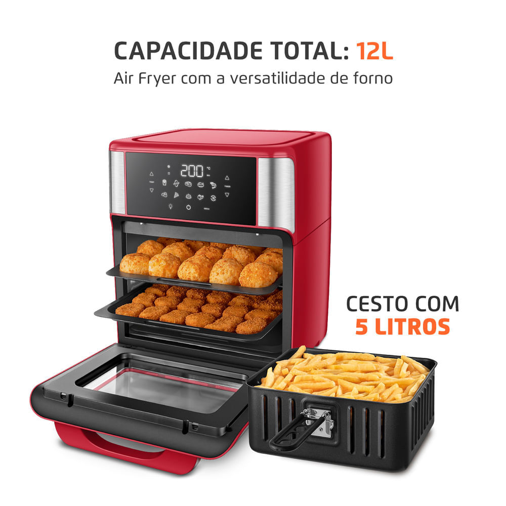 Miniatura Fritadeira Air Fryer Forno Oven 12L Mondial Vermelho/Inox 2000W - AFON-12L-RI 127V