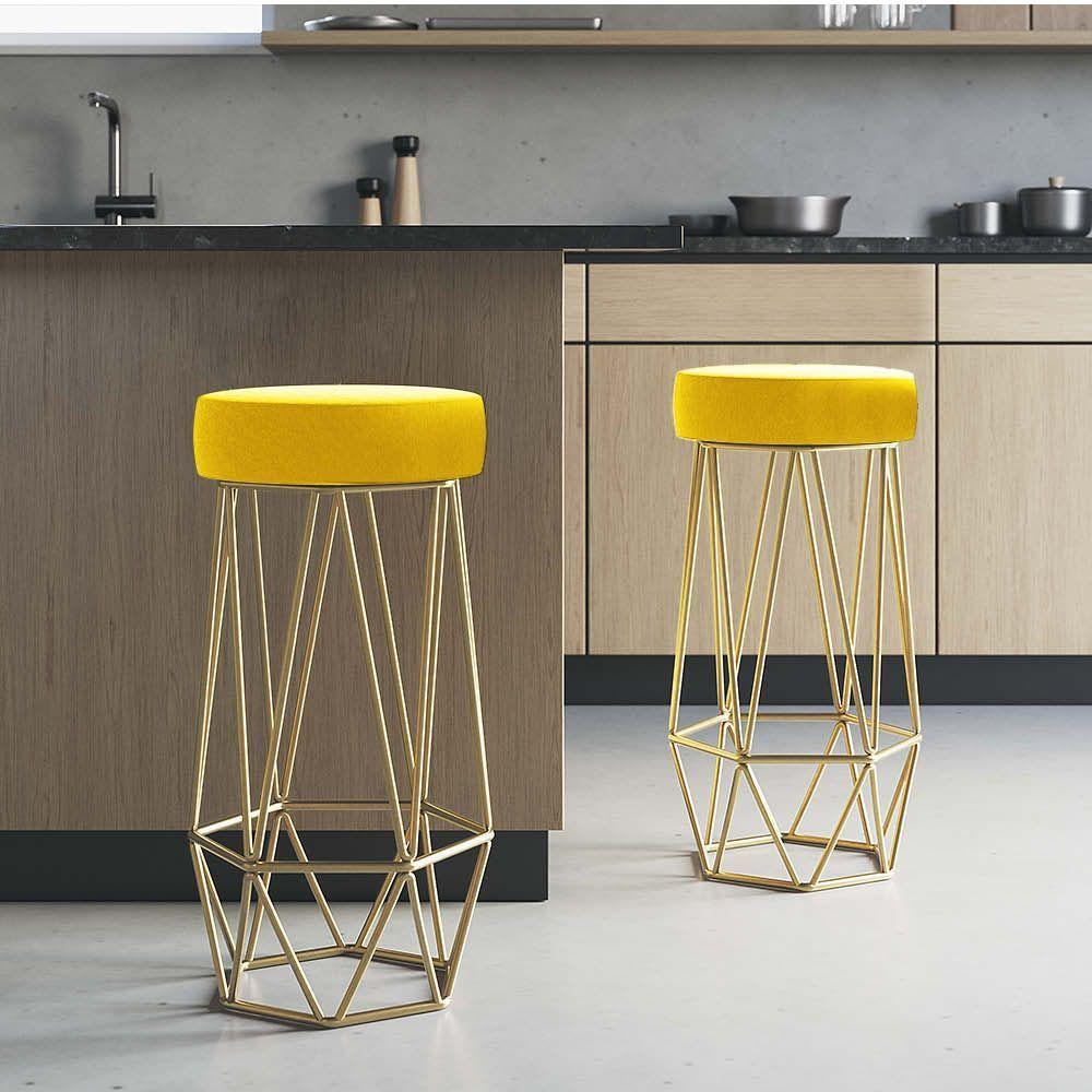 Miniatura Banqueta Com Encosto Mhara Hexágono Cozinha Bar Ferro Dourado Sintético Amarelo - Amey Decor