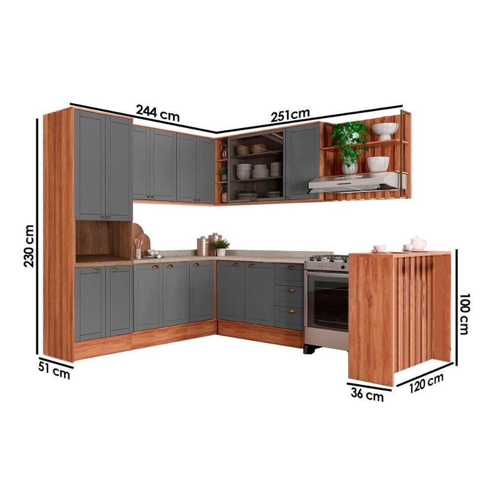 Miniatura Cozinha Modulada Completa Bella 9 Peças 3 Aéreos + 3 Balcões + 1 Torre Quente+1ilha + 1 Complemento C9p200 Nogal Cinza