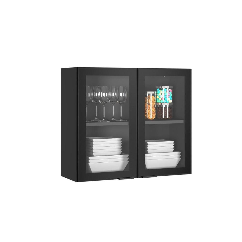 Cozinha Modulada em Aço 7 Peças com Paneleiro Forno e Cristaleira Rodapé em PVC Exclusive Grafite/Preto Matt