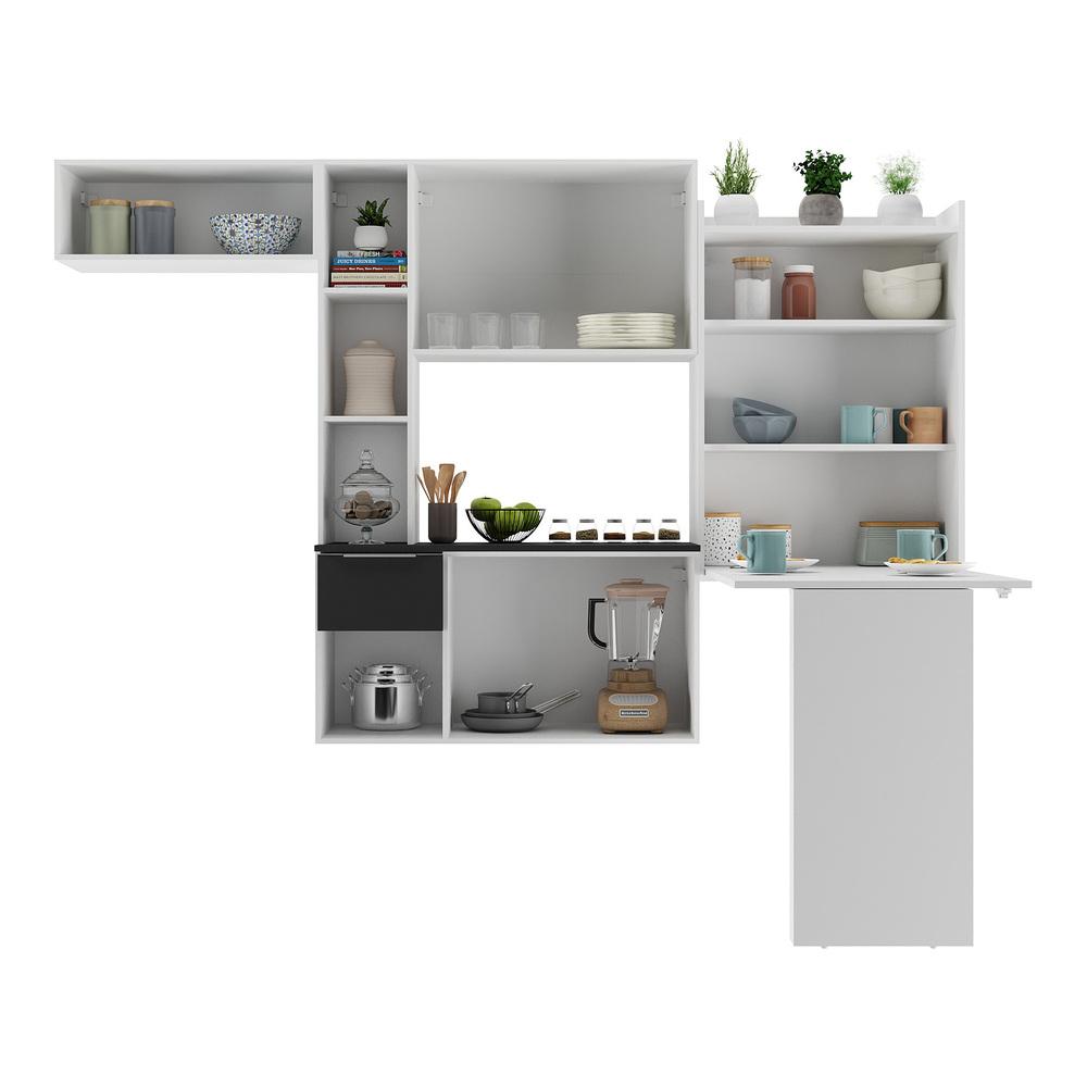 Miniatura Armário de Cozinha Compacta com Mesa Dobrável Sofia Multimóveis V2009 Branco/Preto