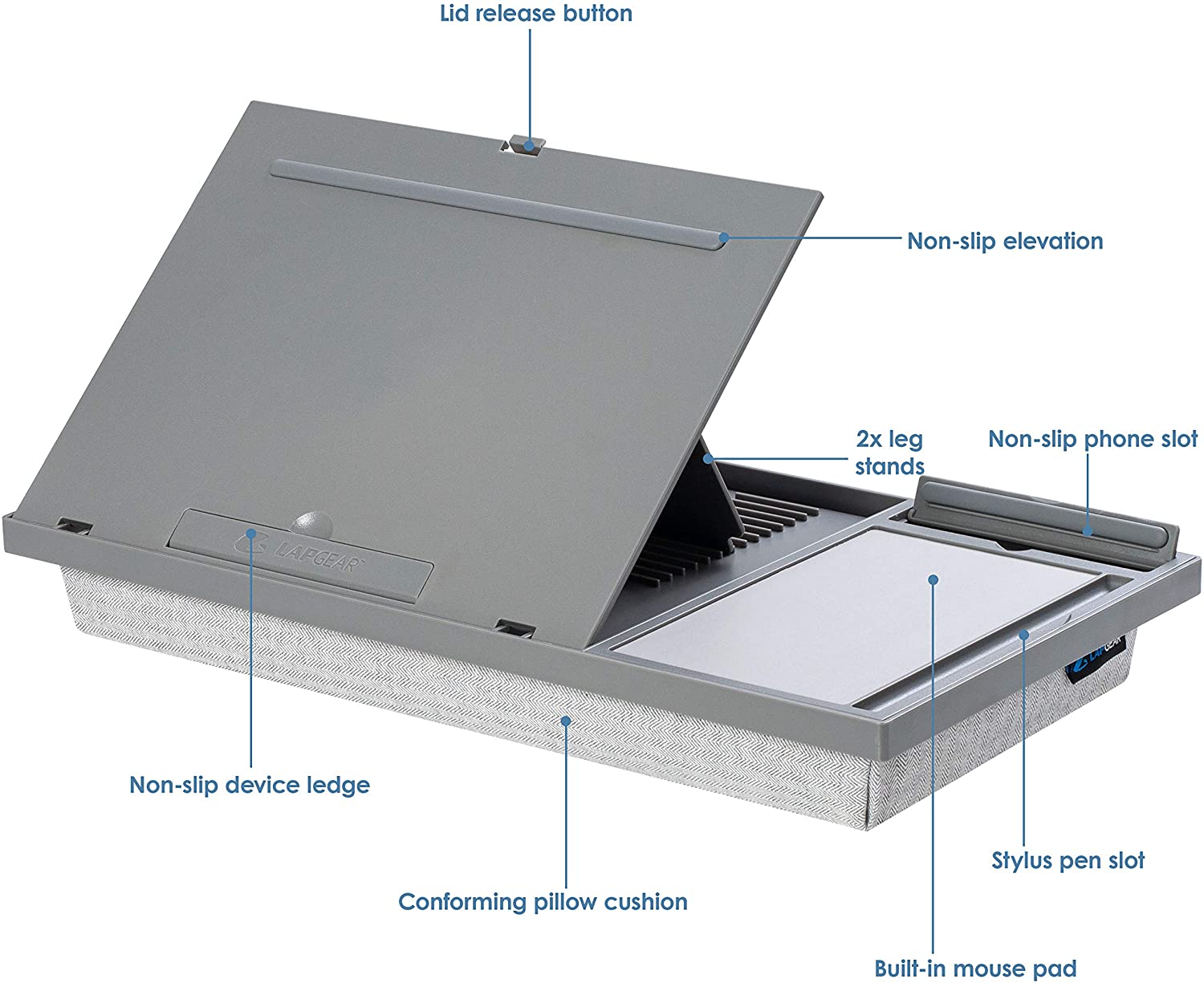 LapGear Ergo Pro Lap Desk com 20 ângulos ajustáveis mouse pad e suporte para telefonecinza