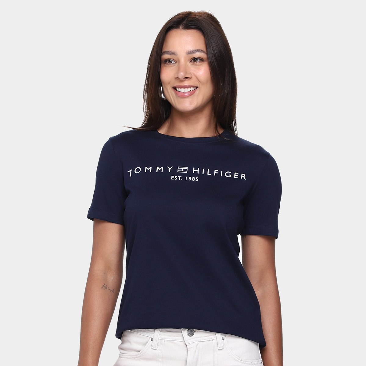 Miniatura Camiseta Tommy Hilfiger Reg Corp Logo Feminina Azul Escuro - G