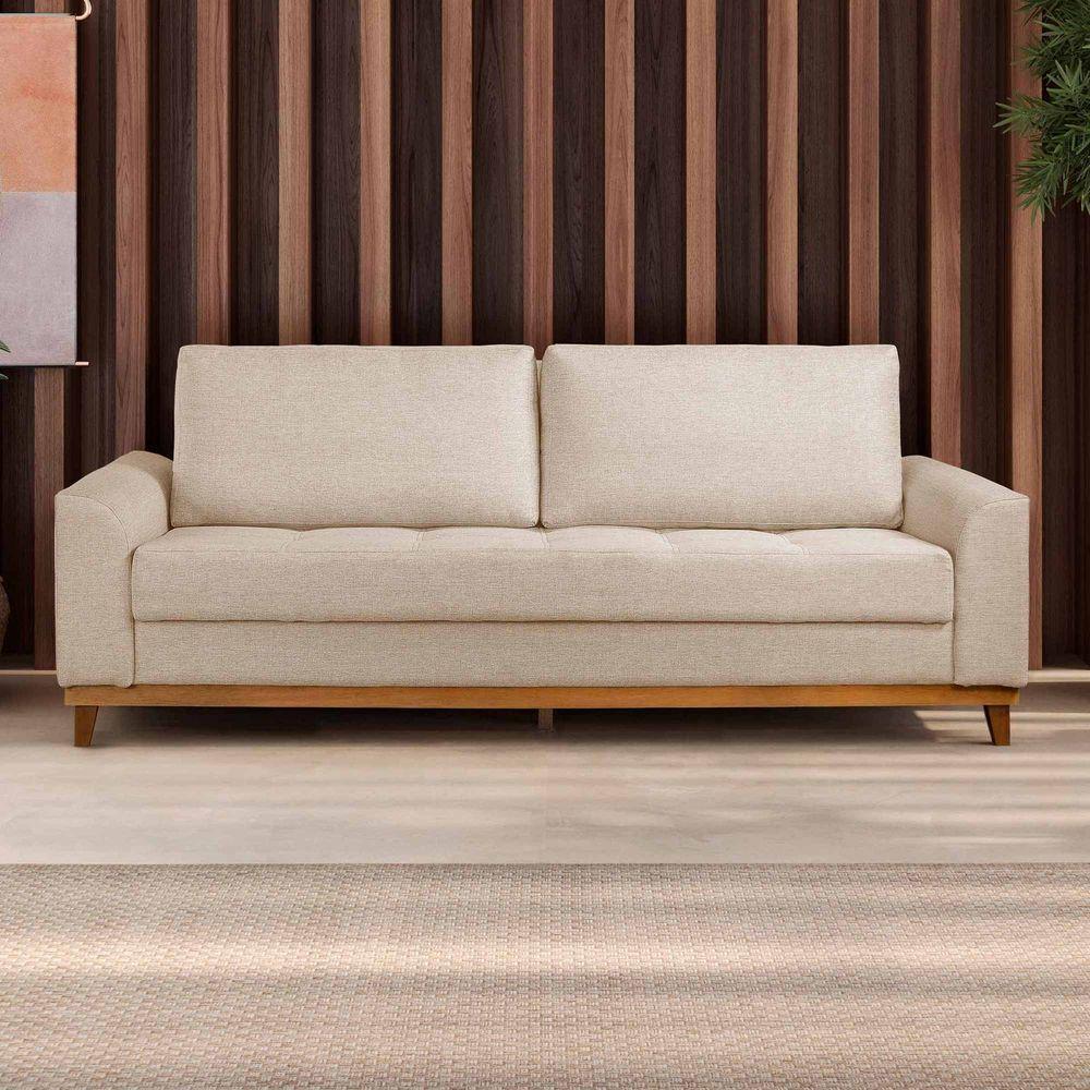 Sofá Living E Reclinável Jasmin Linho Com Pés De Madeira Usb Com Kit Usb Cor Palha 2151
