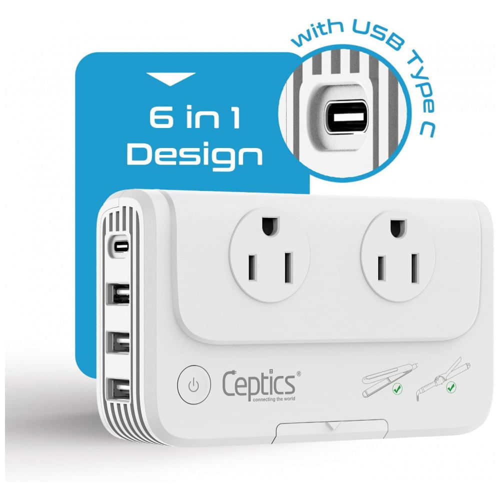 Miniatura Transformador de Tensão até 200W Converte 220V Para 110V com 4 Portas USB, Ceptics, Branco