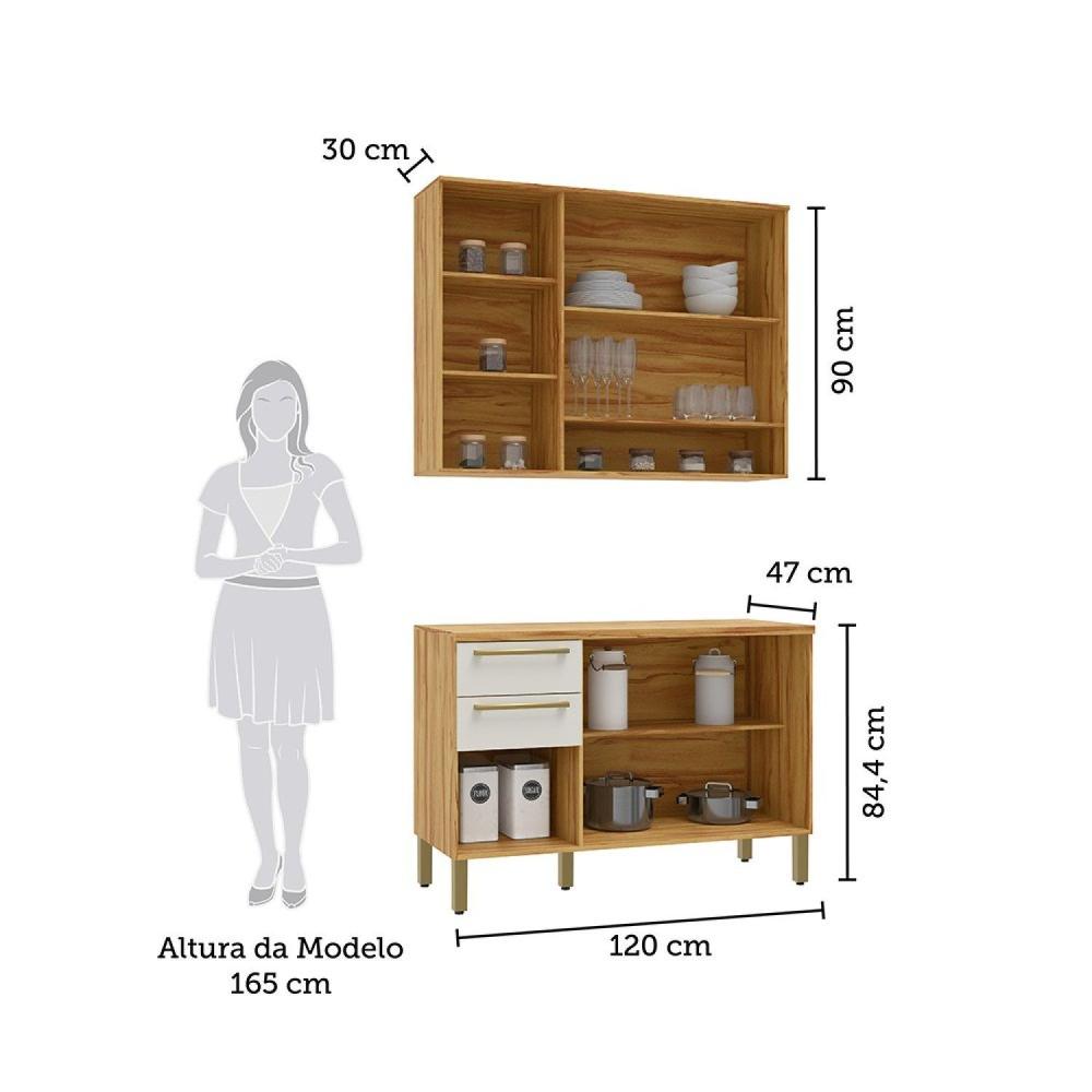 Miniatura Cozinha Modulada Compacta 2 Peças 6 Portas 2 Gavetas com Tampo e Vidro Reflecta 100% Mdf Itália Espr Amêndoa/Off White