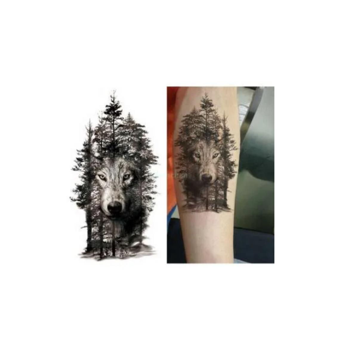 Miniatura Tatuagem Temporária Lobo Solitário Arvores