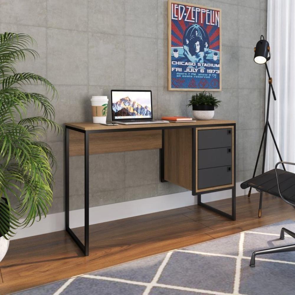 Conjunto Home Office Livreiro 1 Porta 5 Prateleiras e Escrivaninha 3 Gavetas Placa e Ponto Grafite/Mel