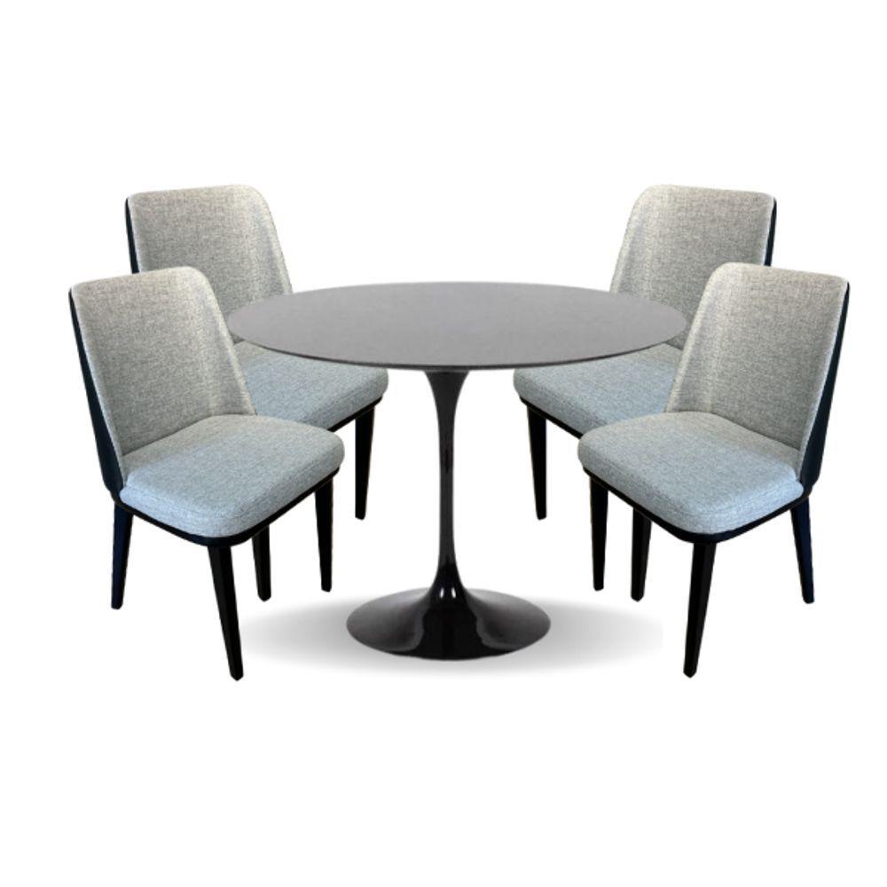 Miniatura Conjunto Mesa De Jantar Saarinen 100 Cm Laca Preta Com 4 Cadeiras Londres Revestida Em Tecido Linho E Courino Cor Preto