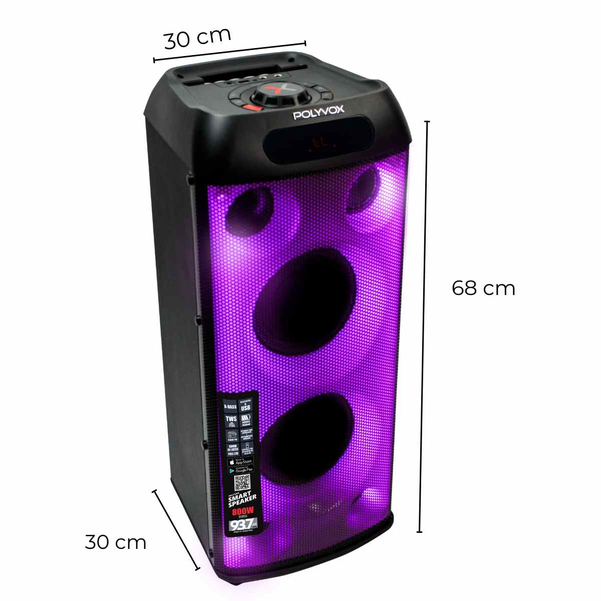 Miniatura Caixa Som Amplificada Bluetooth Full LED Torre 800W TWS Polyvox