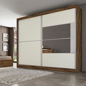 Miniatura Guarda-Roupa Casal Móveis Europa Londres Flex com Espelho, 2 Portas de Correr e 4 Gavetas - 205cm de largura Brauna/Off White