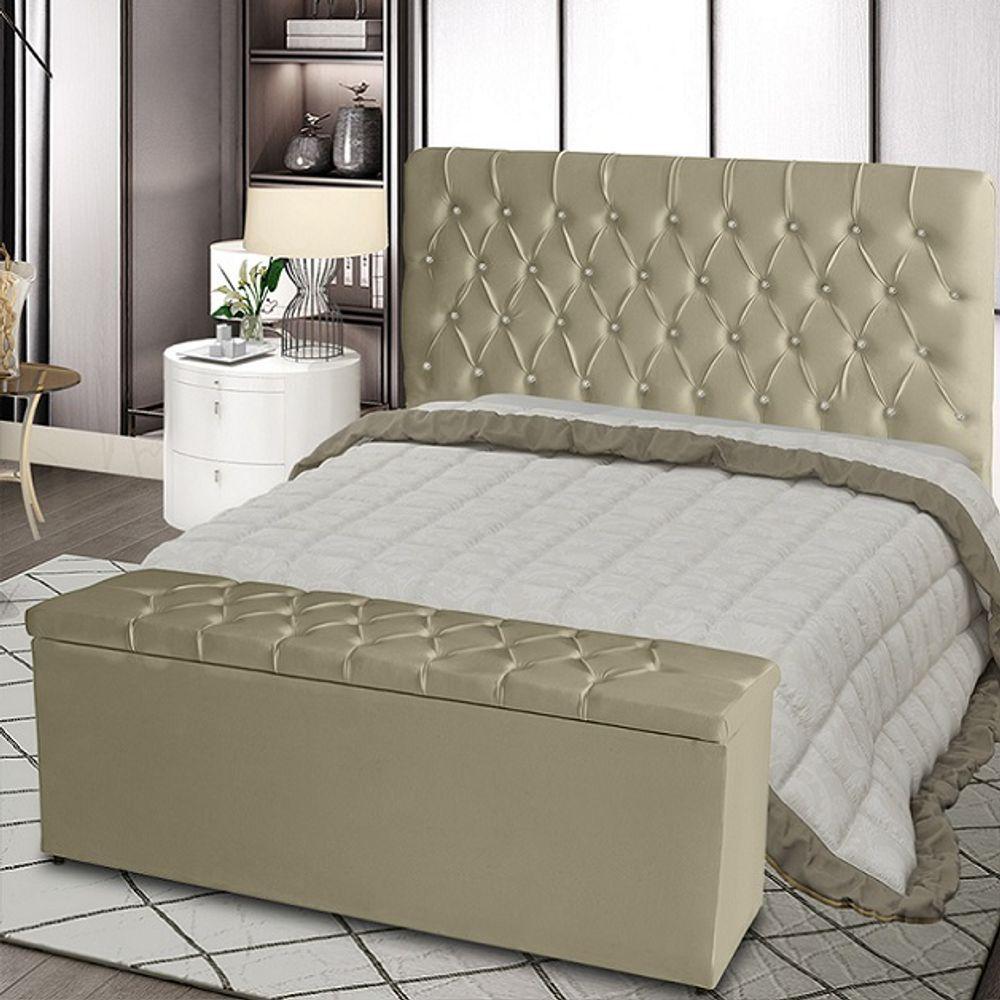 Miniatura Kit Cabeceira De Cama Box E Calçadeira Baú Paris Casal 140 Cm 140 X 126 Capitonê Courino Bege Do Lar Móveis