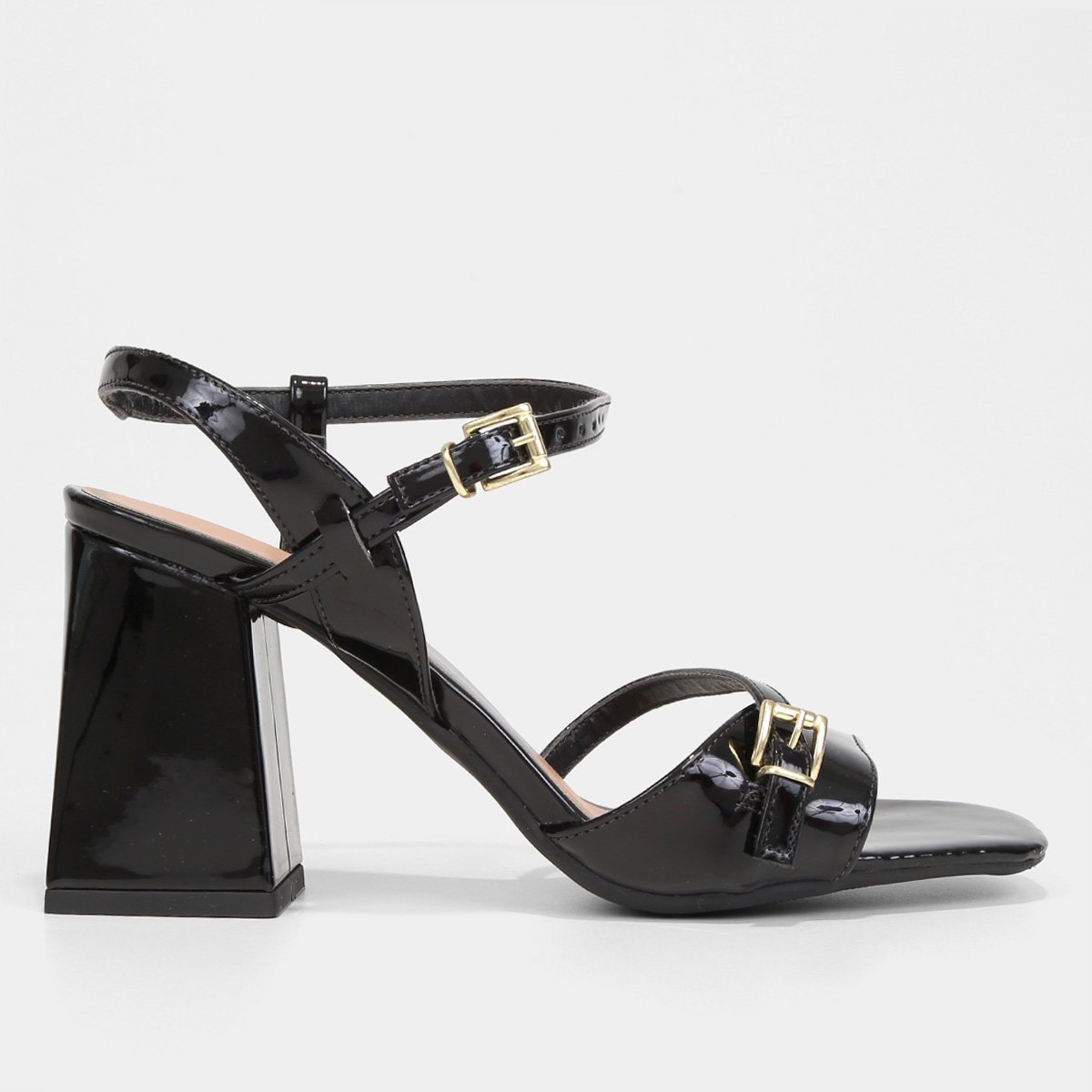 Miniatura Sandália Griffe Salto Bloco Verniz Fivelas Feminina Preto - 34