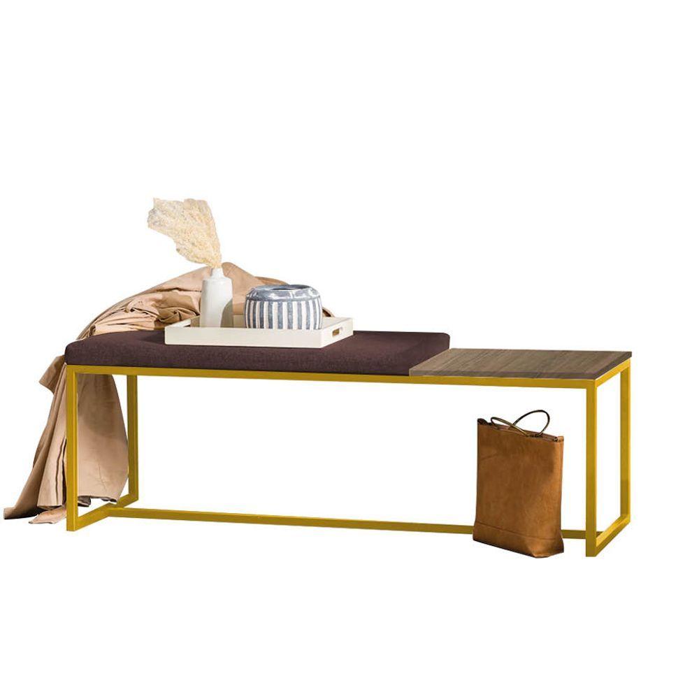 Miniatura Banco Recamier Puff 160cm Industrial Dourado Corino Marrom Tampo Quadrado Mdf Imbuia