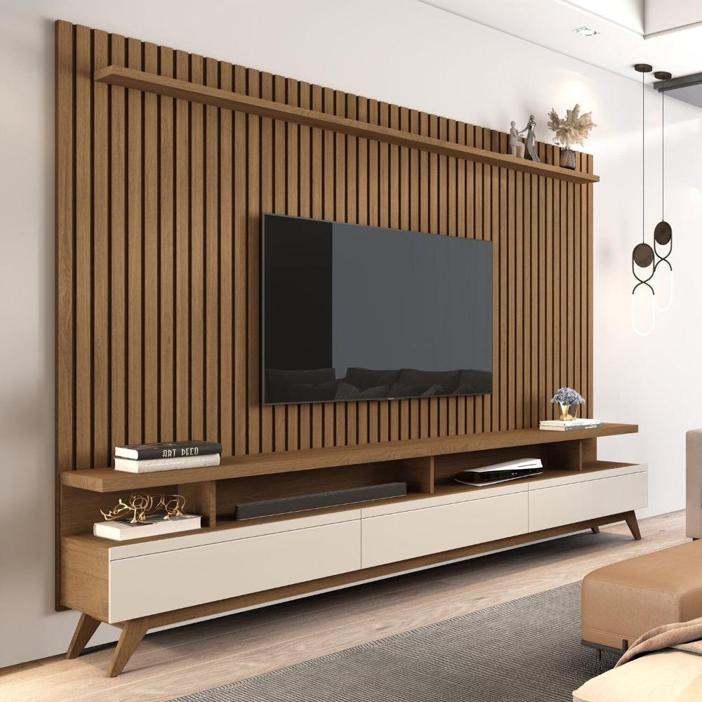 Miniatura Rack com Painel para Tv 86 Polegadas Pés em Madeira Maciça Vivare Freijó/Off White