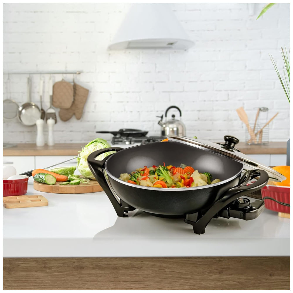 Panela Wok Elétrico OVENTE 33cm com Revestimento Antiaderente, Ideal para Família, 1400W de Potência, Controle de Temperatura, Tampa de Vidro, Prático