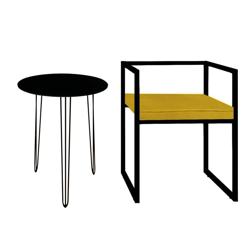 Miniatura Kit Poltrona Cubo Com Mesa Roma Ferro Preto Tampo Redondo Preto Suede Amarelo
