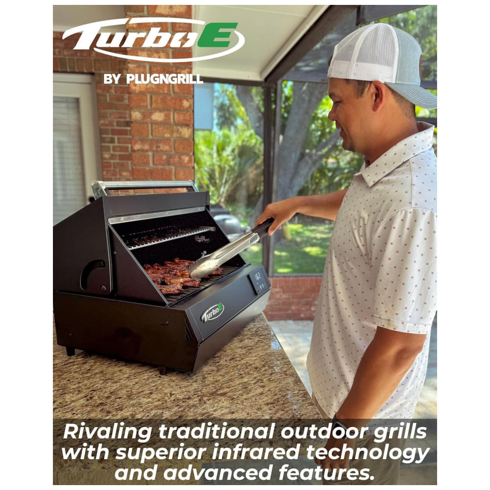 Miniatura Churrasqueira Elétrica Turbo E Outdoor 1700W com Grill Infravermelho de 61cm e Protetor de Tela, Ideal para Churrascos ao Ar Livre,Plugngrill