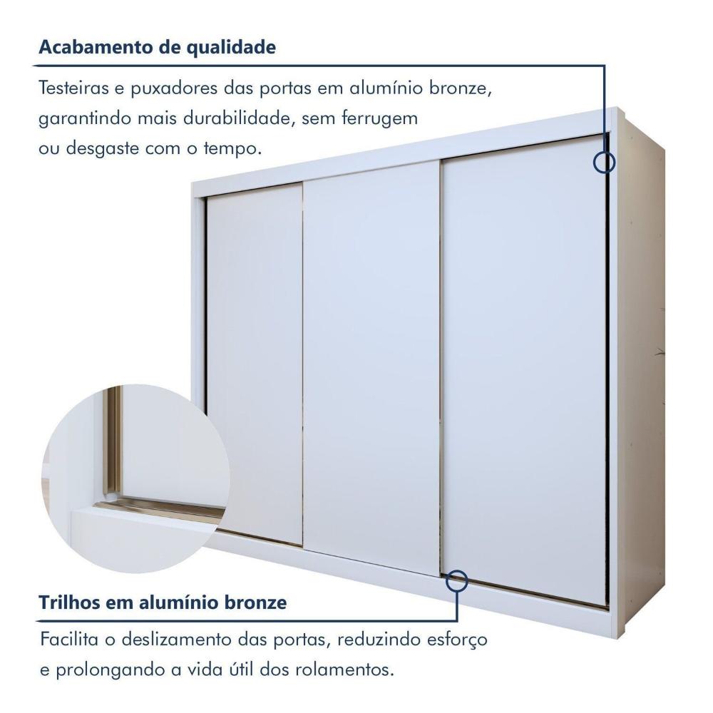 Guarda-roupas 3 Portas de Correr 100% Mdf Monte Rei Branco