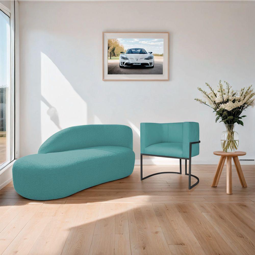 Kit Divã Luna 140cm Lado Esquerdo E 01 Poltrona Base De Ferro Preto Suede Cor Azul Turquesa