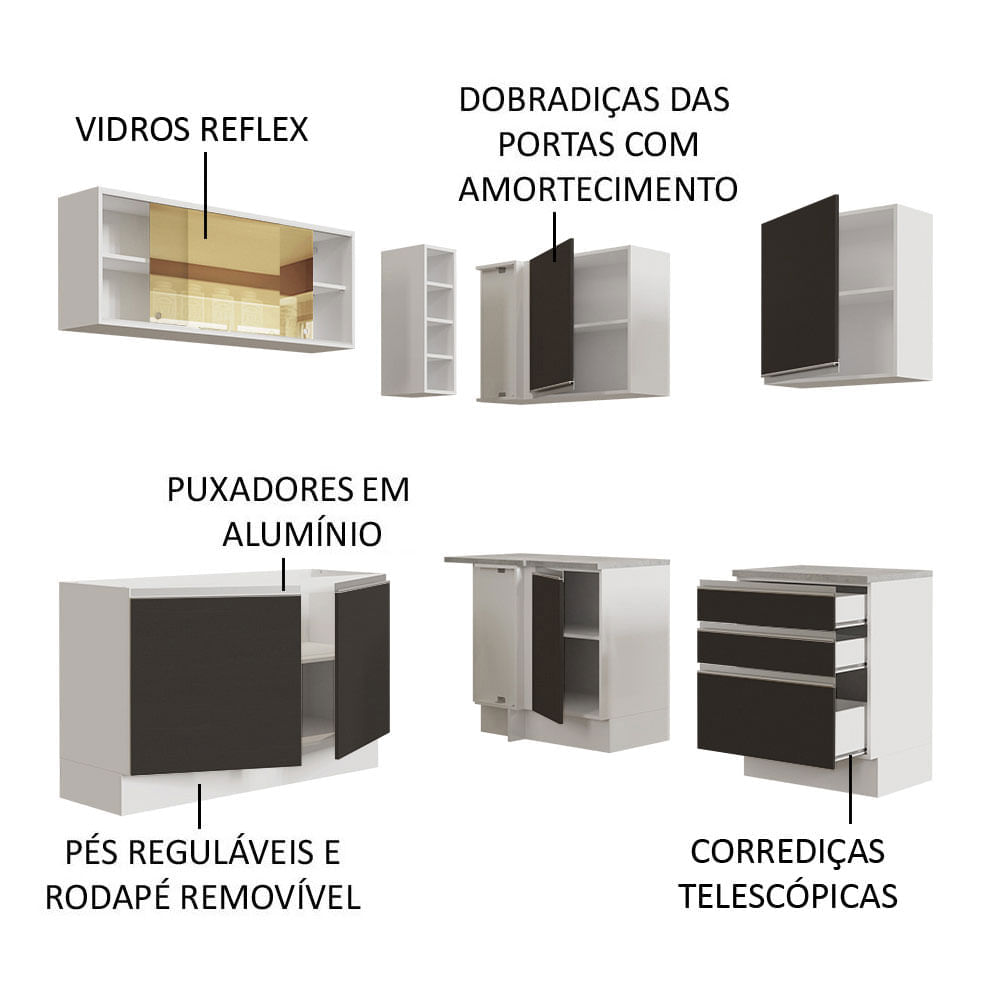 Cozinha Completa de Canto Madesa Glamy 329002 com Armário e Balcão (Sem Tampo e Pia) Branco/Preto Cor:Branco Preto