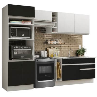 Miniatura Cozinha Completa Madesa Jade com Armário e Balcão (Sem Tampo e Pia) Branco/Preto/Branco Cor:Branco/Preto/Branco