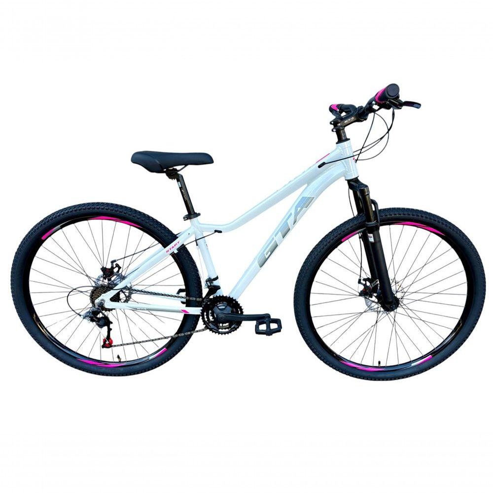 Miniatura Bicicleta Aro 29 Gta Start Alumínio 27v K7 Freio A Disco Garfo Suspensão Mountain Bike branco-cinza-rosa Tam: 15