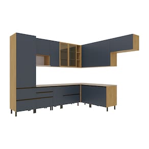 Miniatura Cozinha Completa de Canto Bartira Cristal com 12 Portas, 9 Gavetas, 15 Prateleiras, 3 Nichos e 300cm de Largura - Lâmina Mel/Azul Royal