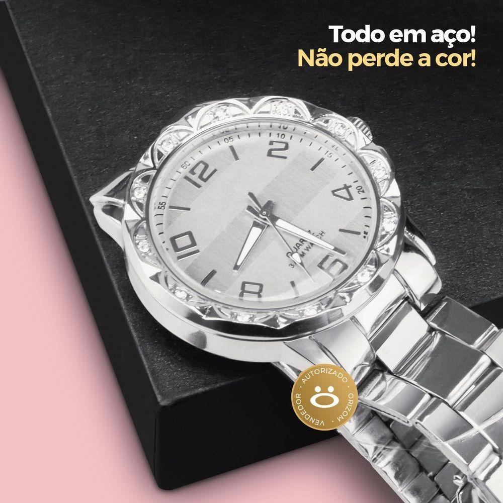 Miniatura Relogio Feminino Prova Dagua Banhado + Relogio Aço Strass Qualidade Premium Redondo Resistente Kit