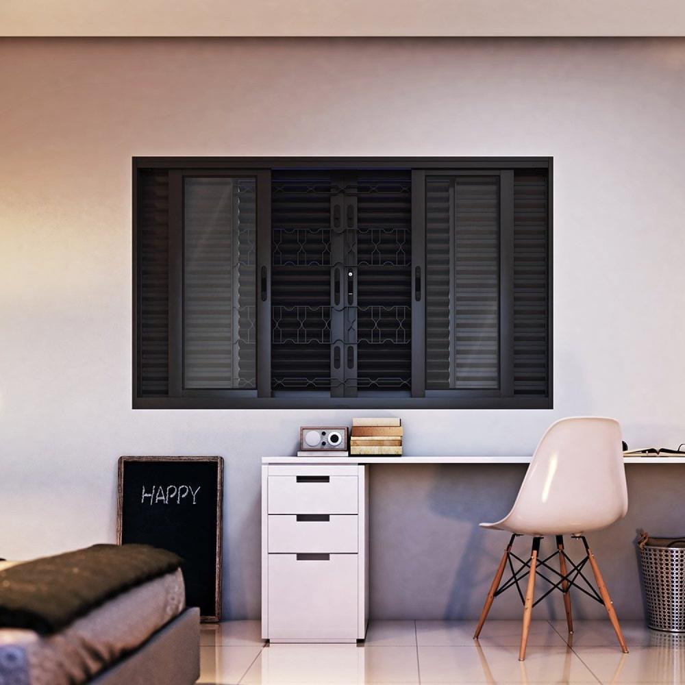 Miniatura Janela de Aço Veneziana Flex com Grade Mosaico 6 Folhas 100X200cm Facilitá Lucasa Preto