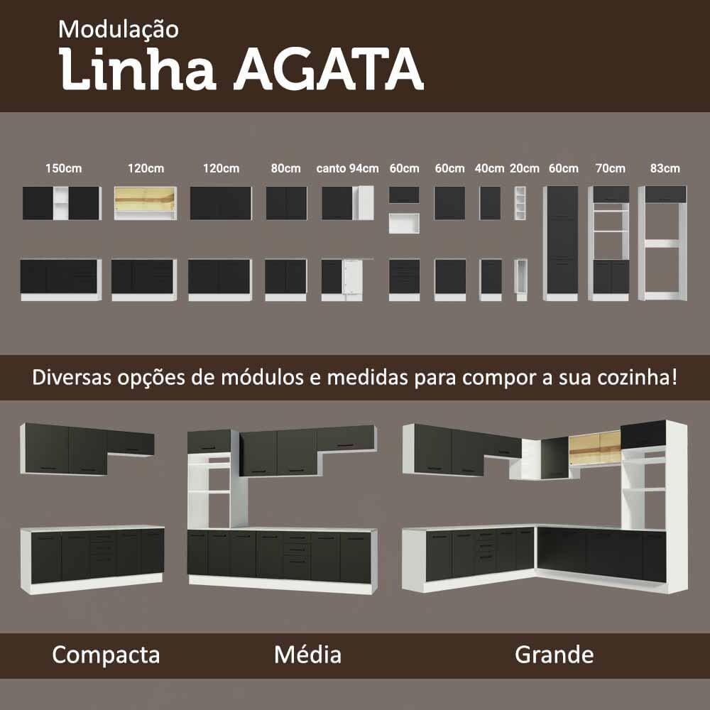 Balcão de Pia Cozinha 150 cm 2 Portas e 2 Gavetas (Com Tampo) Branco/Preto Agata Madesa Branco/Preto