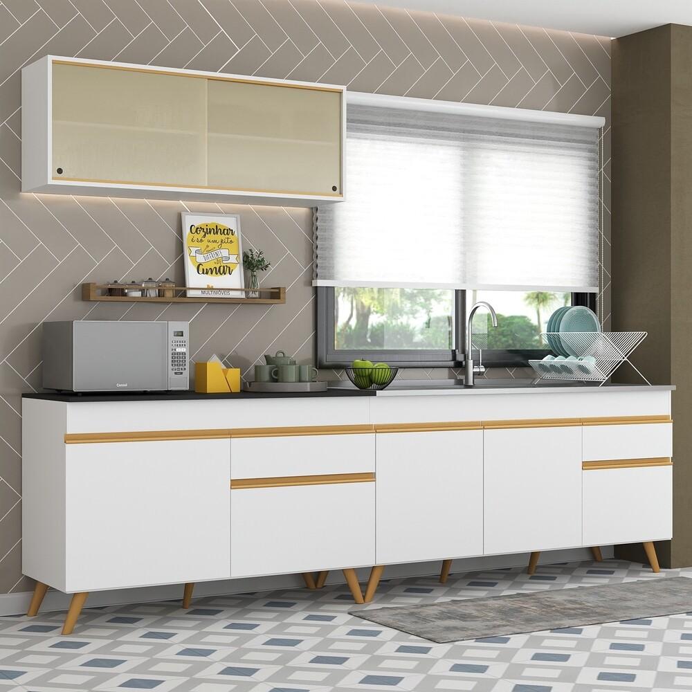 Armário de Cozinha Compacta 270cm Veneza Multimóveis V2077 Branco/Dourado