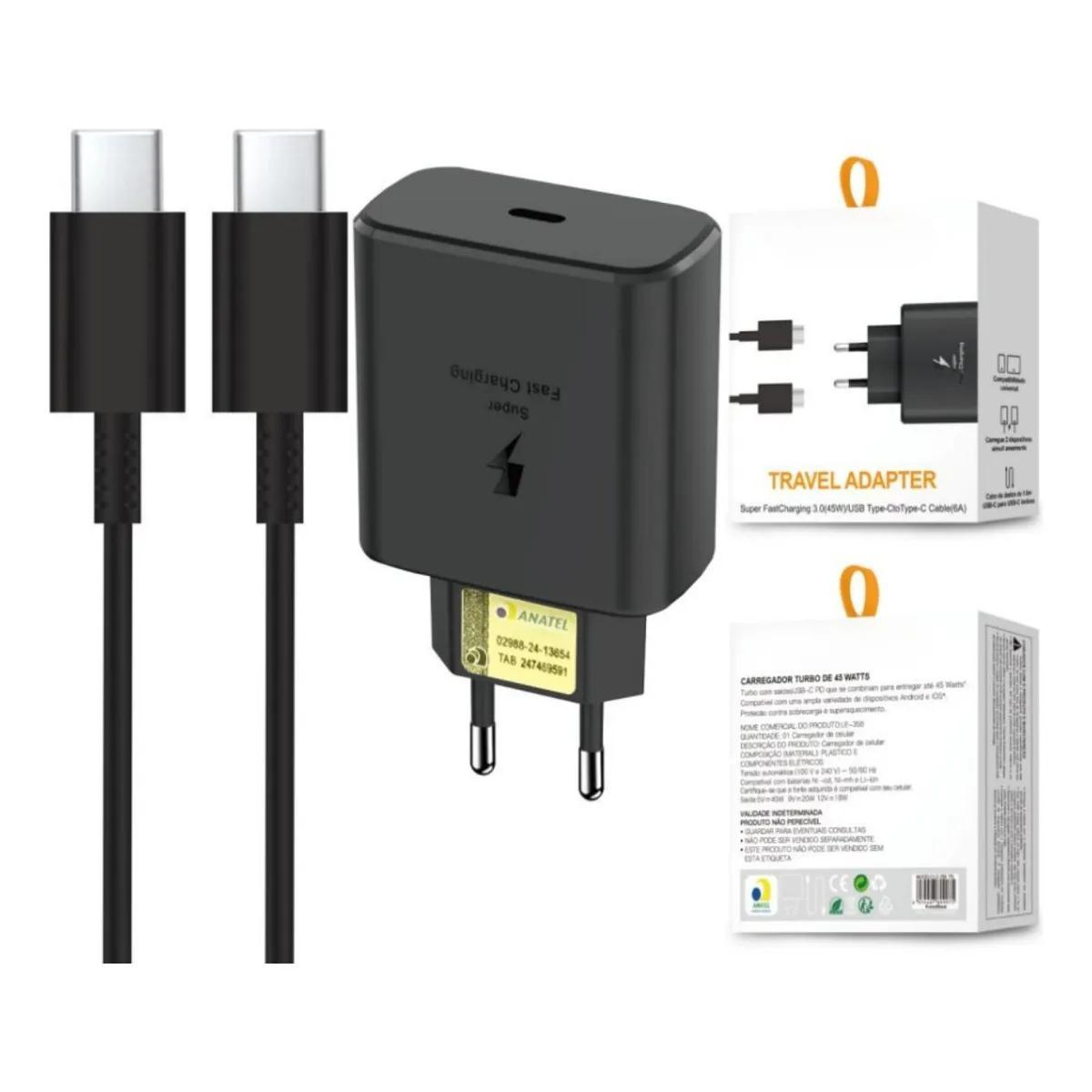 Miniatura Carregador Celular Usb-C Turbo Preto Carregamento Rápido