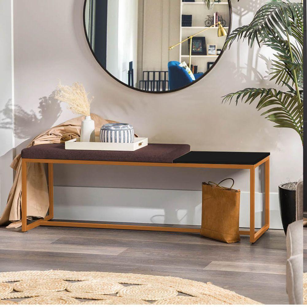 Miniatura Banco Recamier Puff 140cm Industrial Bronze Corino Marrom Tampo Quadrado Mdf Preto