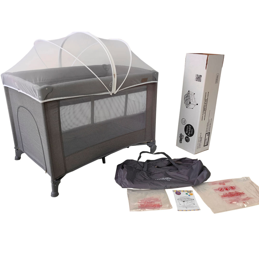 Berço Portátil Infantil Cercado 0-15kg Lazy MaxiBaby Cinza