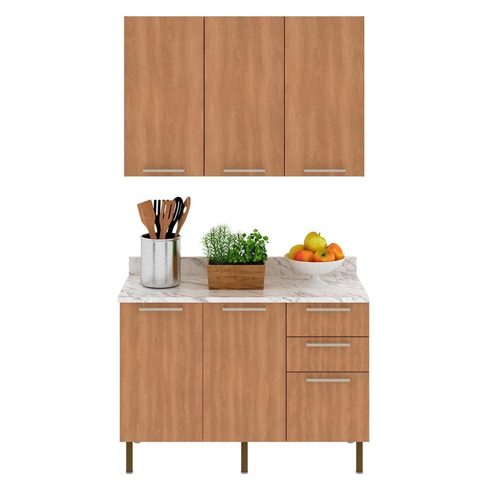 Miniatura Balcao Tampo Armario Aereo 120 Cm Cz31 Tecno Mobili Freijo Marmore Branco