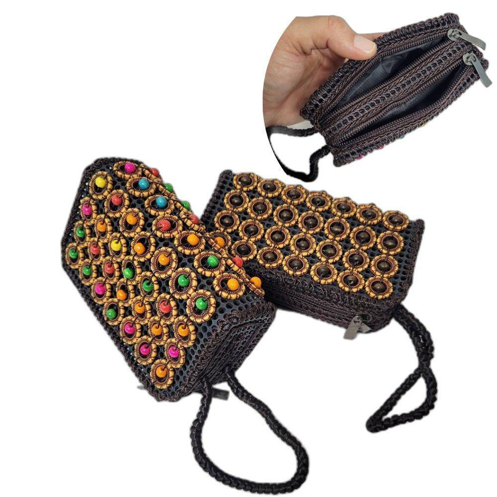 Miniatura Carteira De Mão Feminina Mini Bolsa De Mão Artesanal Com Miçangas marrom