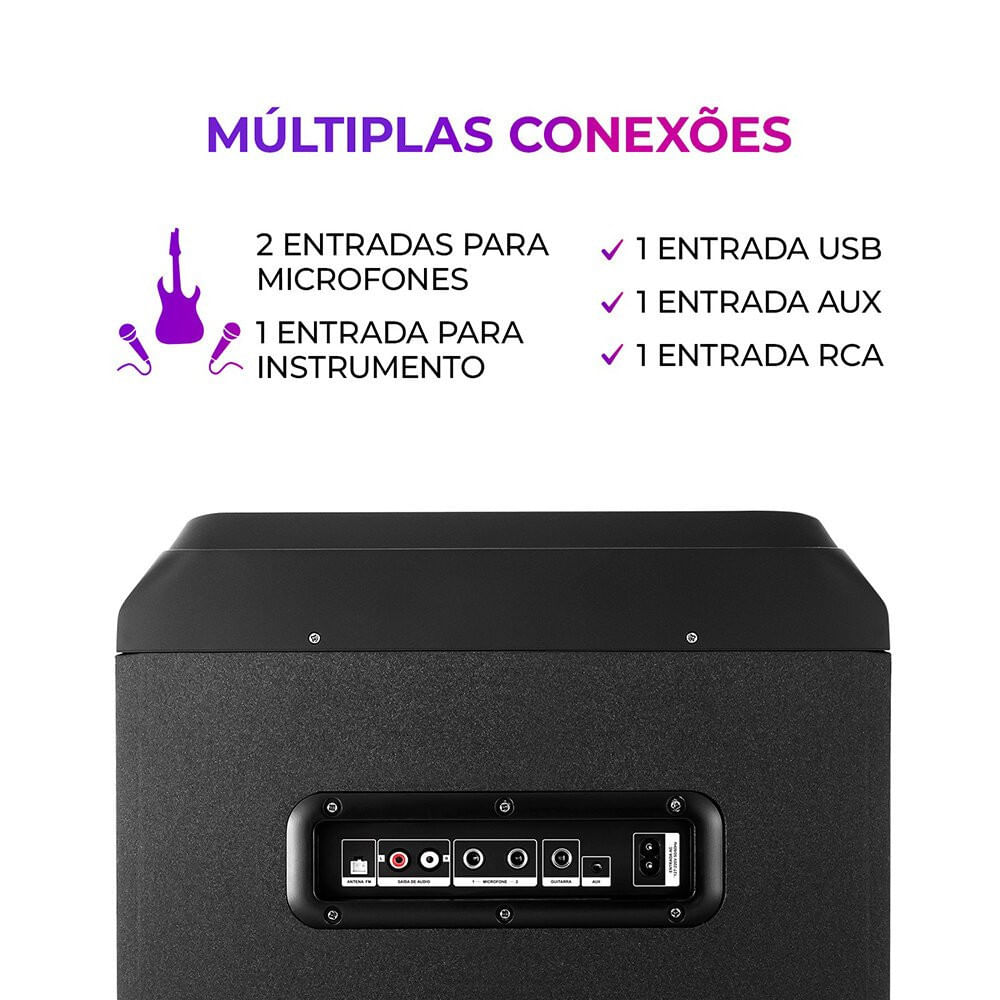 Torre de Som 2200W RMS 2 Woofers 10 USB Rádio FM AWS-T2W-01 Aiwa 04893-24-16647 - Preto - Bivolt