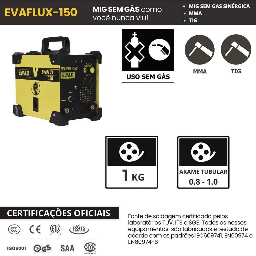 Miniatura Máquina Solda Multiprocesso MIG sem Gás Sinérgica EVAFLUX-150 220V EVALD 220V
