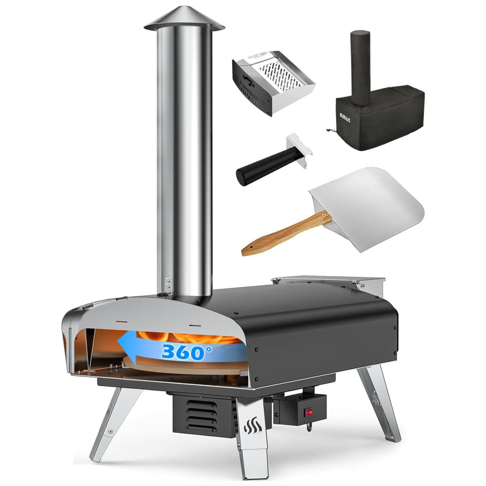 Miniatura Forno a Lenha Externo Portátil com Rotação Automática e Pedra para Pizza, Mimiuo, Preto 110v
